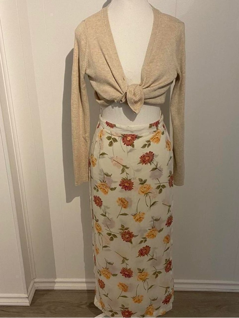 Floral Midi Skirt - White with Yellow & Pink Blooms